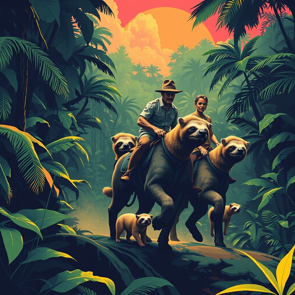 Sloth Riders in Vibrant Pop Art Jungle