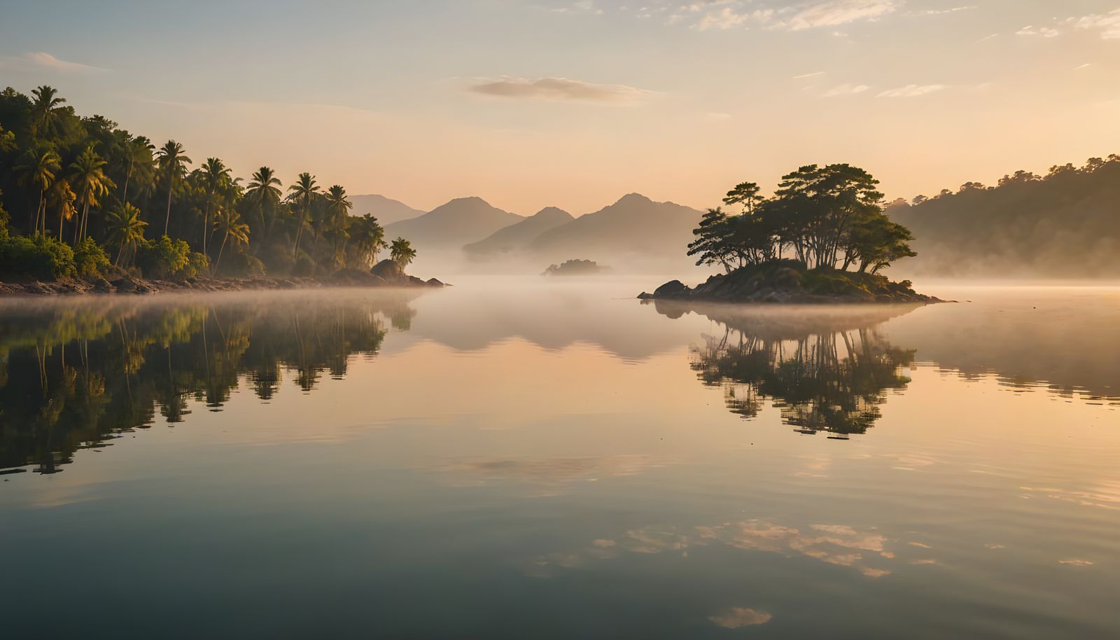 Sunrise on Calm Lagoon with Island Reflection