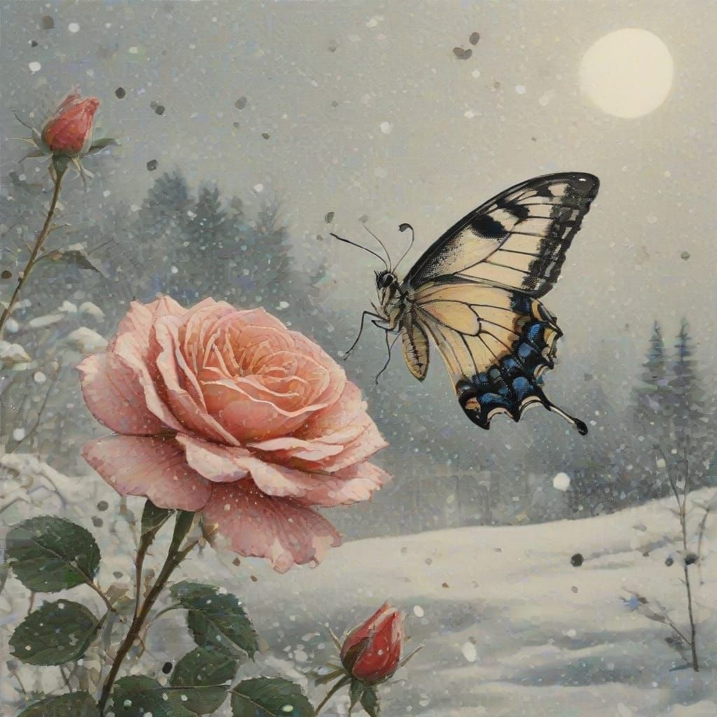 The Last Rose in a Snowy  Garden