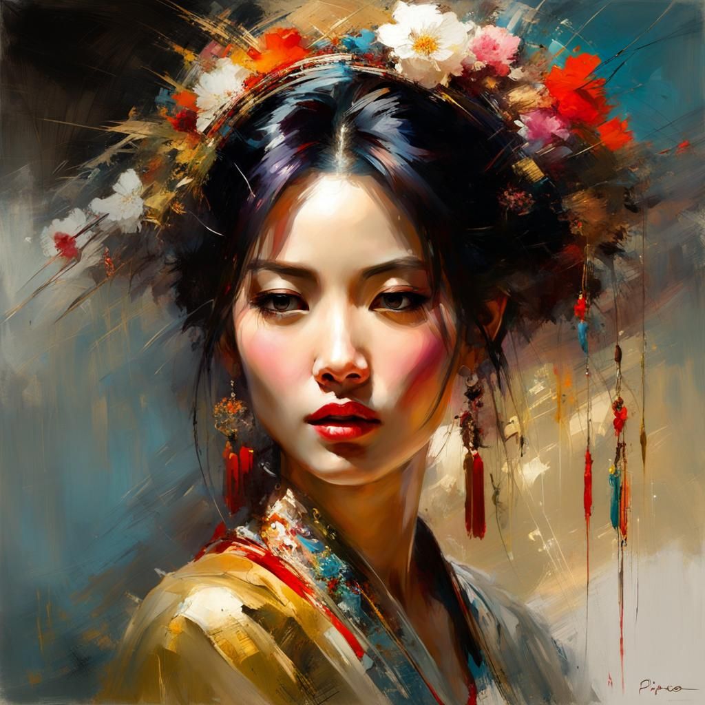 Asian Woman Portrait in Oil Painting Style