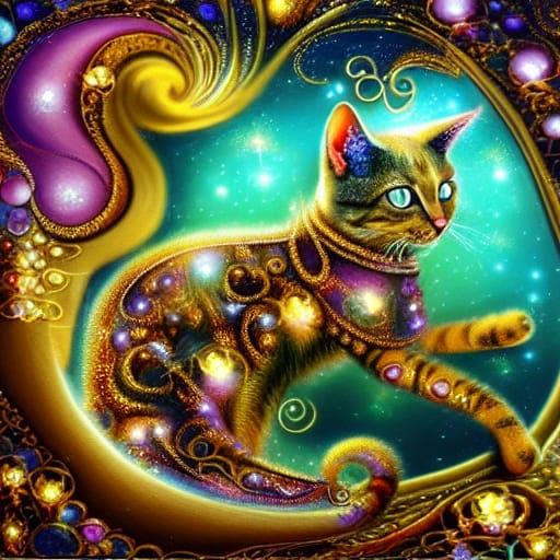 Golden Fractal Cat in Digital Oil Painting Style