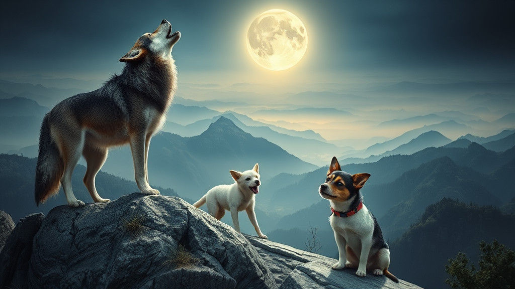 Wolf Howling at Moon with Pup, Photorealistic Style