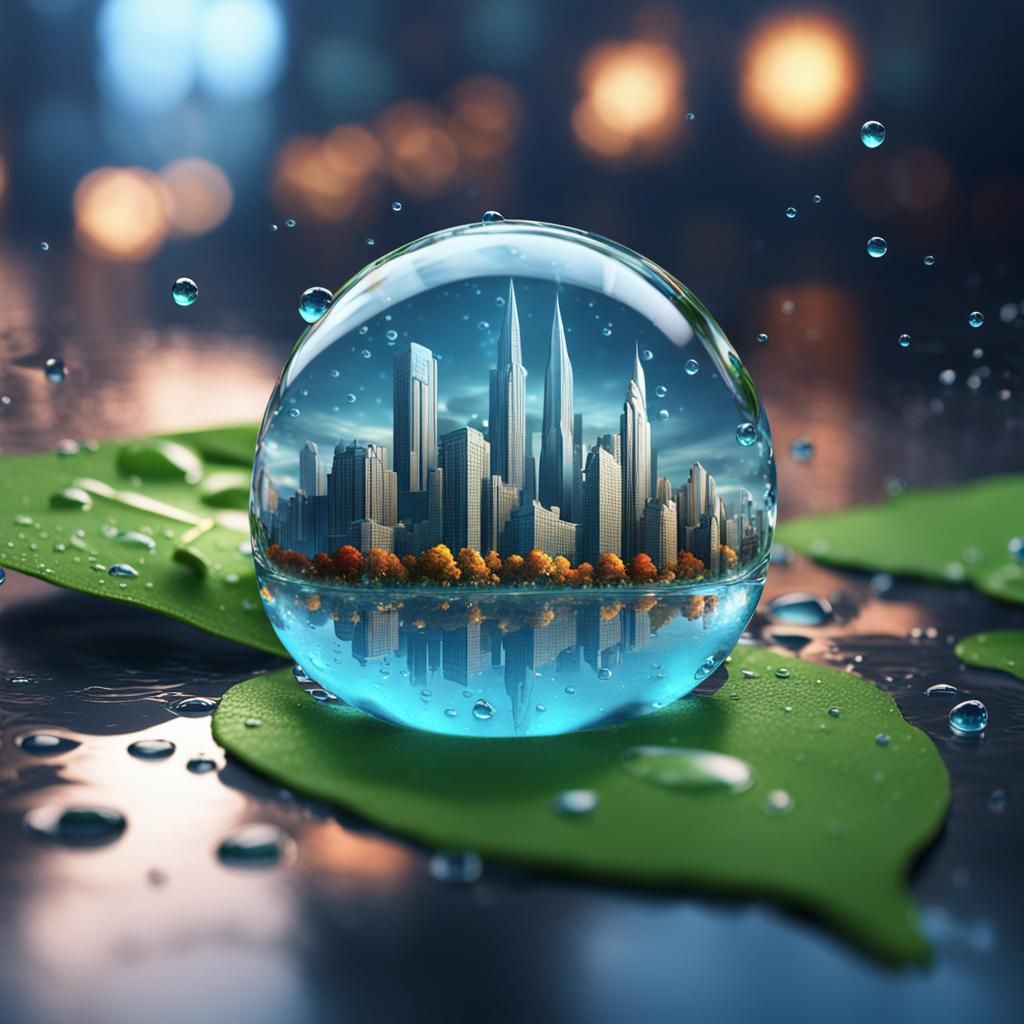 Cityscape Reflected in Water Droplet: Fantasy Art
