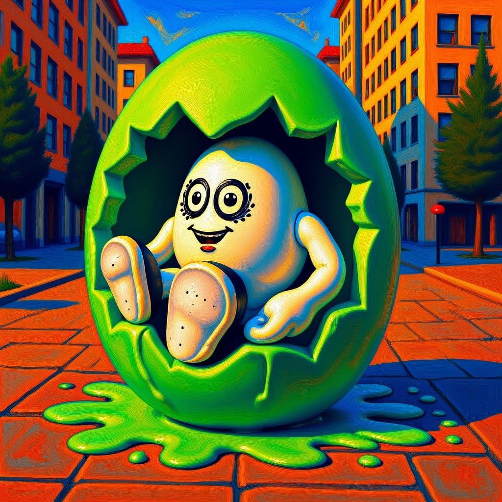 Vibrant Green Slime Splattered Eggshell in Surrealist Style