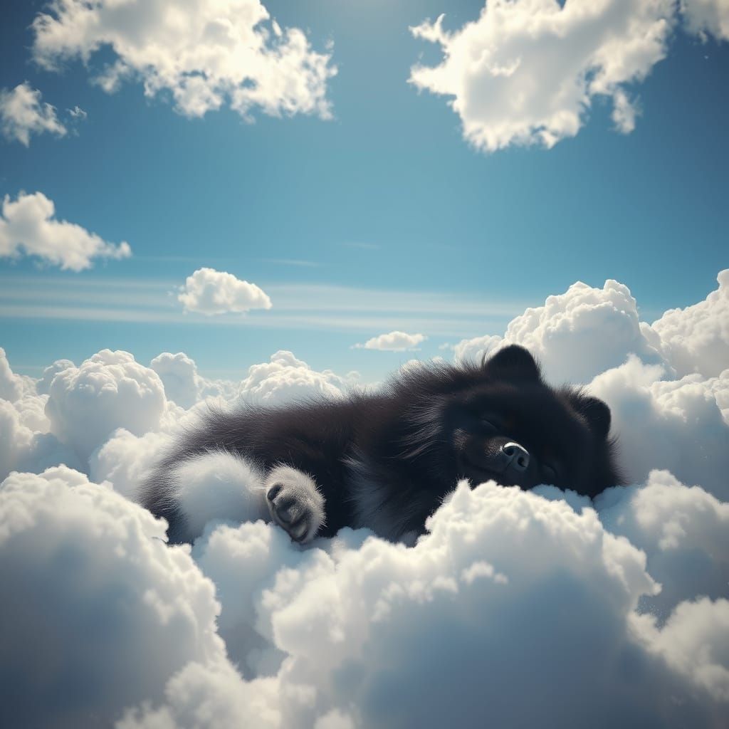 Pomeranian Surrounded by Clouds in a Fantastical Halo