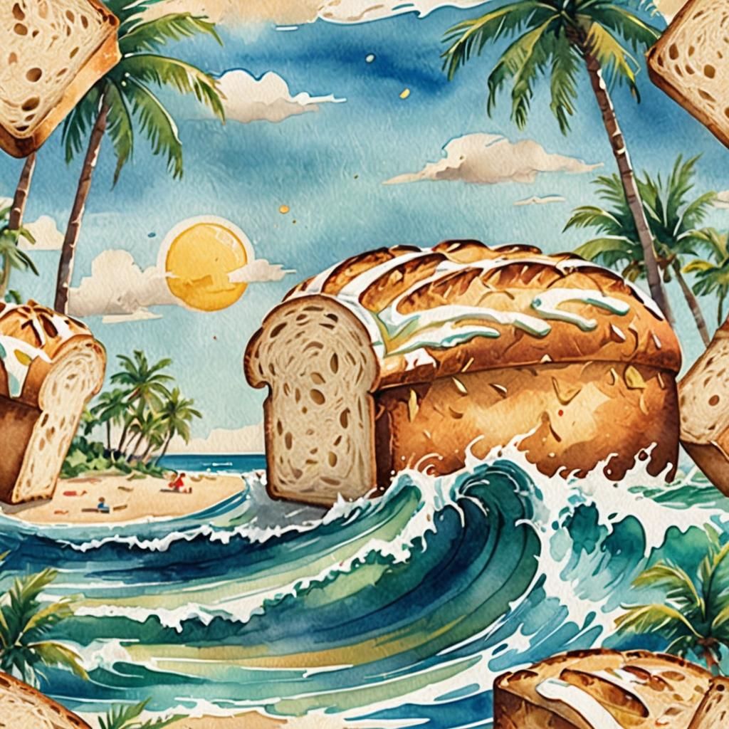 Surfing Bread Slice on Loaf Package, Expressionist Watercolo...