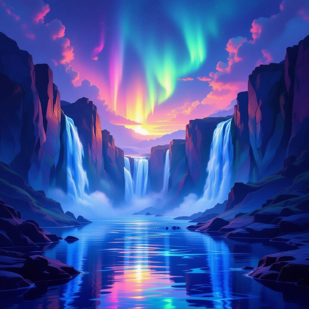 Surreal Geometric Waterfall with Aurora Sky