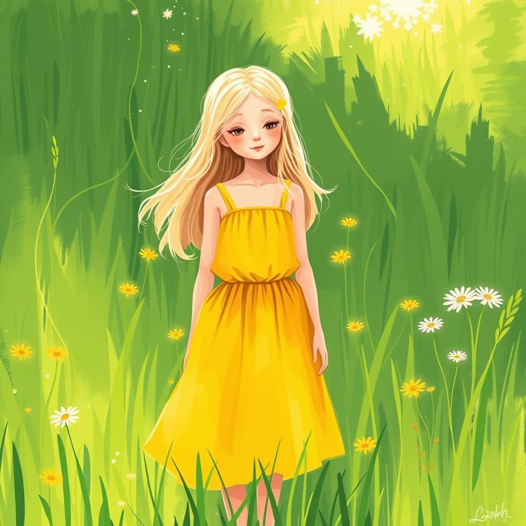 Girl in Meadow, Whimsical Digital Art