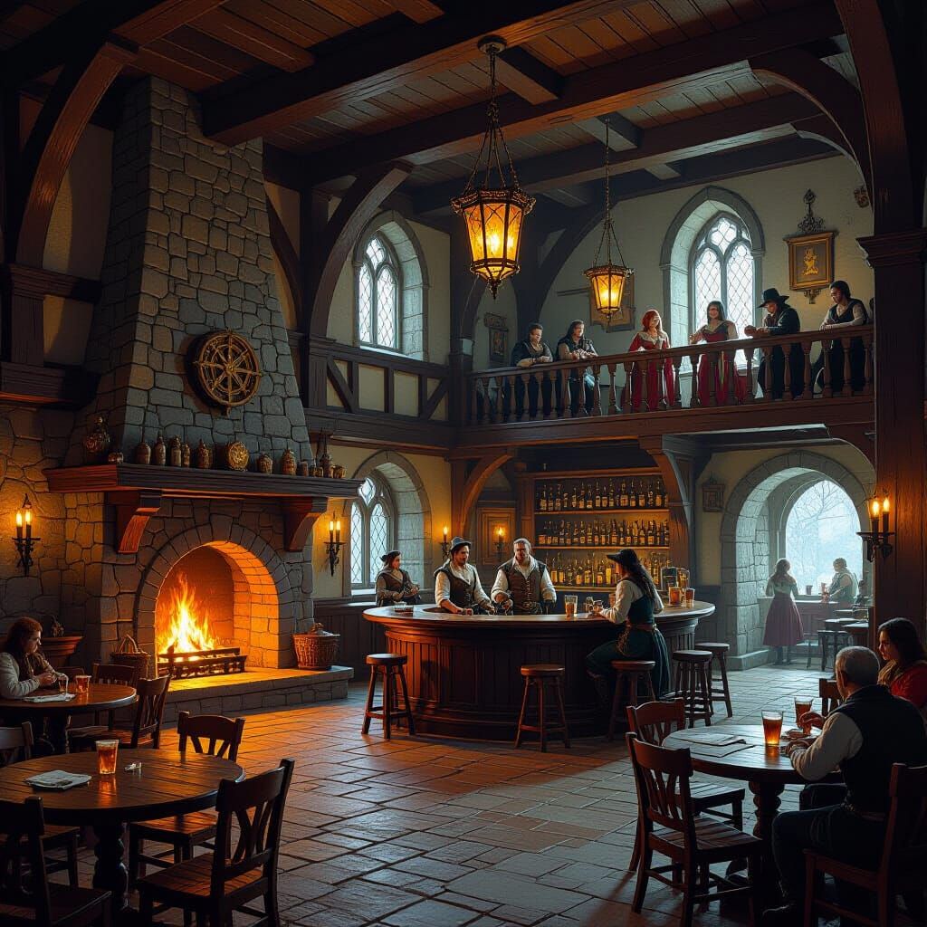 Bustling Medieval Fantasy Tavern in Art Style Blend