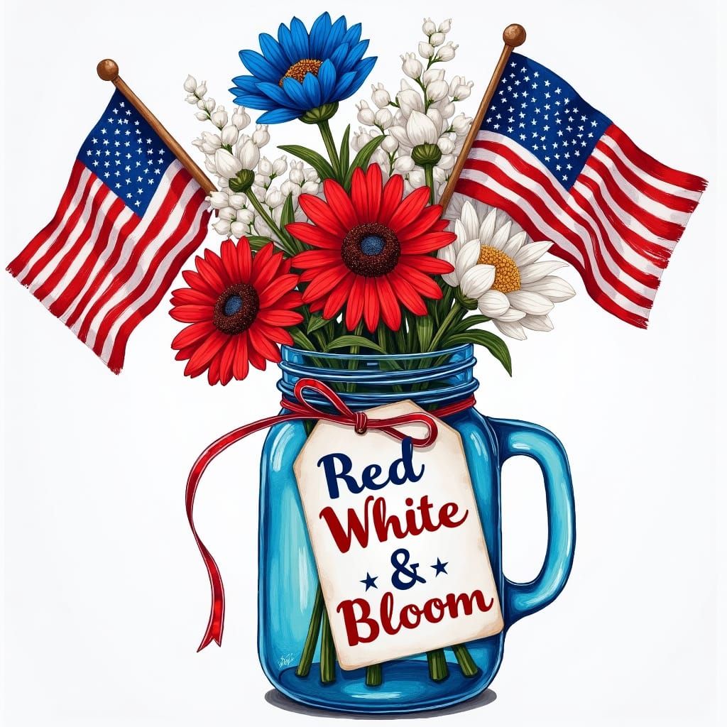 Patriotic Flowers in Mason Jar, Acrylic Painting Style