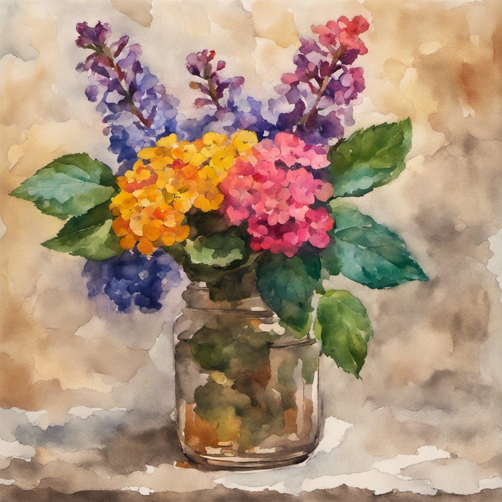 Lantana and Salvia Still Life in Gouache Style