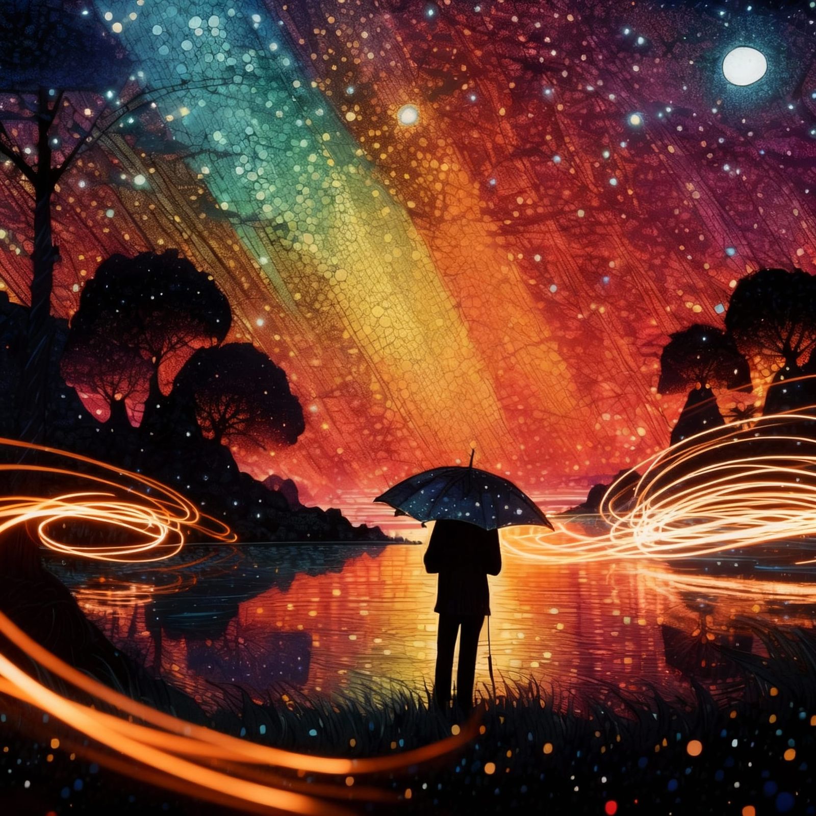 Starry Night Sky With Umbrella In Light Painting Style