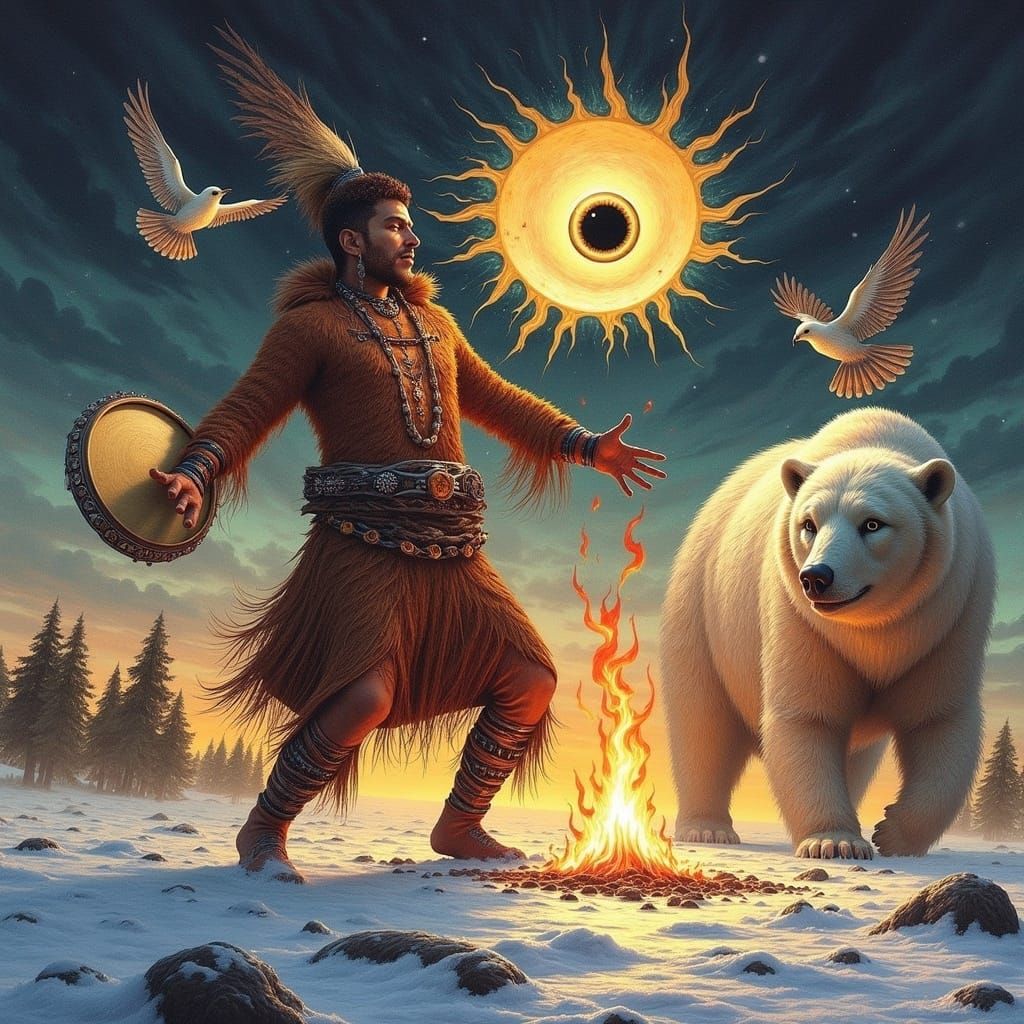 Surreal Shaman Dancing with Majestic Tundra Creatures in Vib...