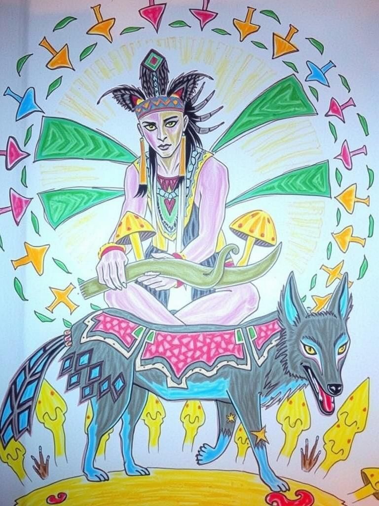 Shaman Rides Wolf Playing Didgeridoo in Forest