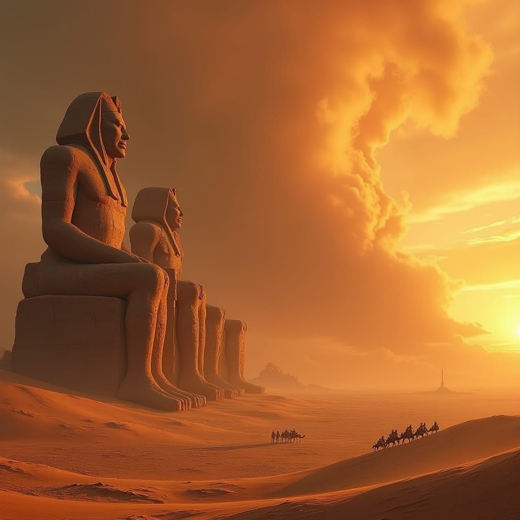 Giant Ancient Statues Emerge From Desert Dunes At Sunset