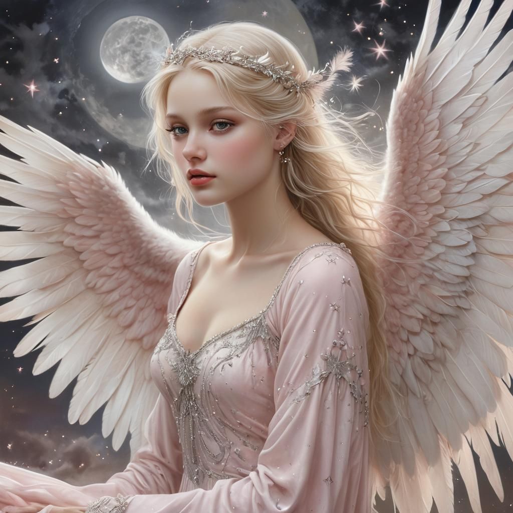 Blonde Angel with White Wings in Dreamy Fairytale Night