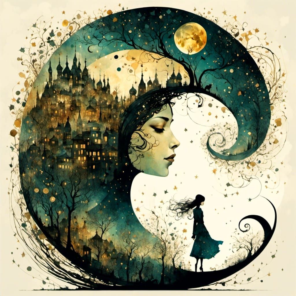 Fairytale Crescent Moon with Woman, a Surreal Painting