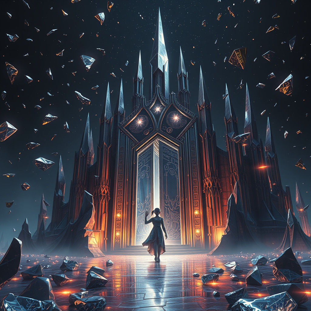 Ethereal Girl Conjures Metal Castle in Dark Expanse