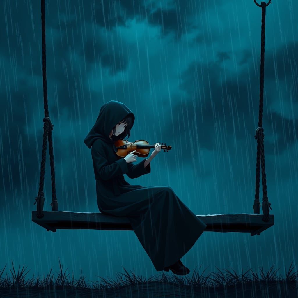 Ethereal Girl Plays Violin in Rainy Night
