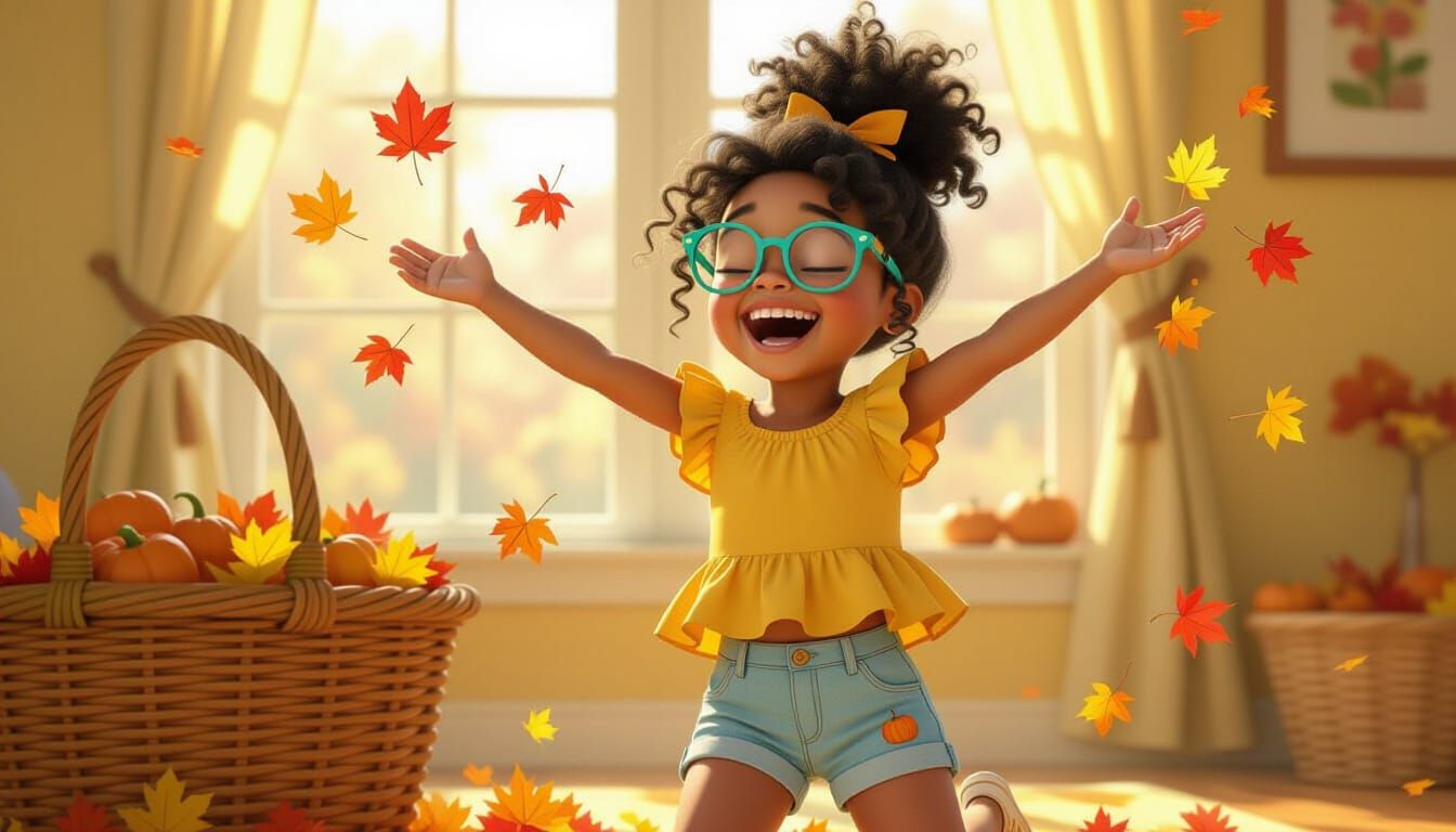 Joyful Girl Tosses Autumn Leaves in Pixar 3D Style