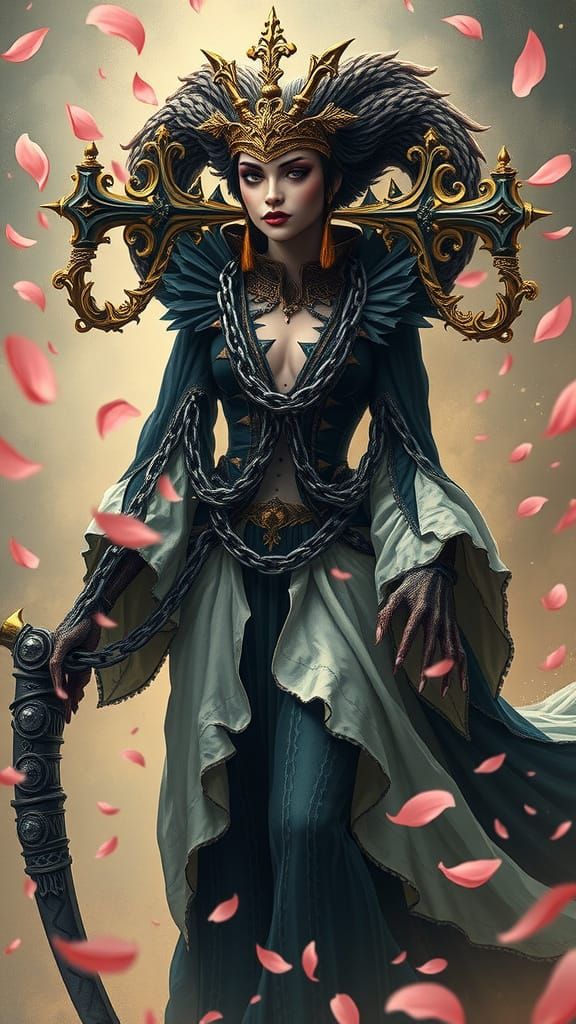 Baroque Mysterious Woman Wields Giant Scythe in Whimsical Dr...