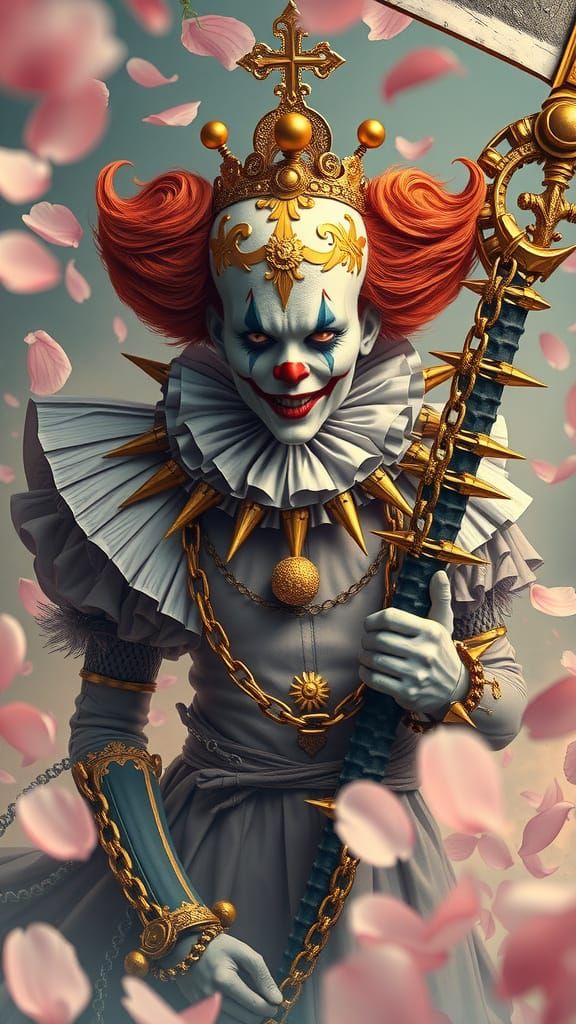 Majestic Clown in Chains, Wielding Giant Scythe in Whimsical...