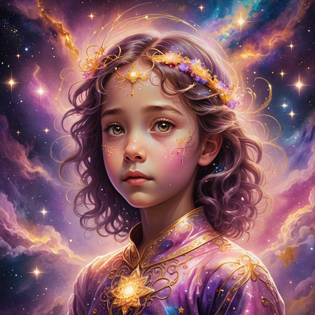 Visionary Astral Child in Cosmic Nebula