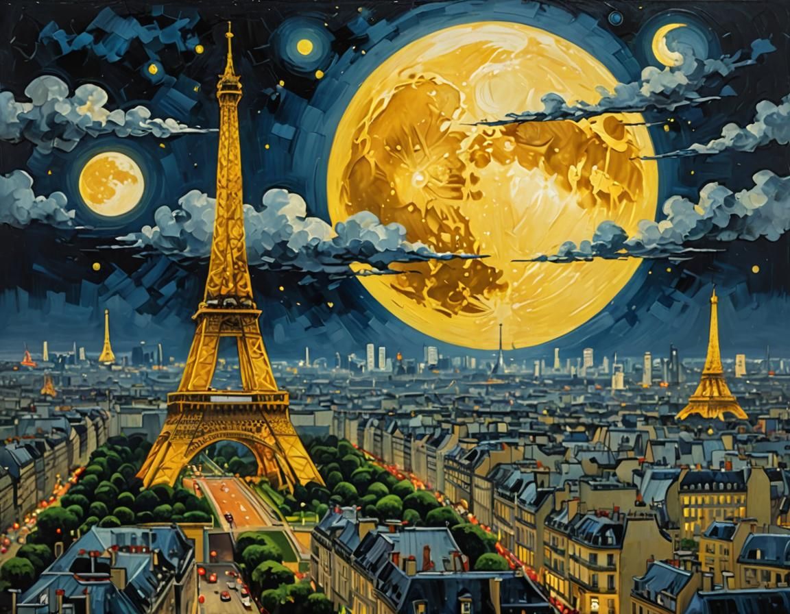 Paris Skyline at Sunset with Golden Moonlight