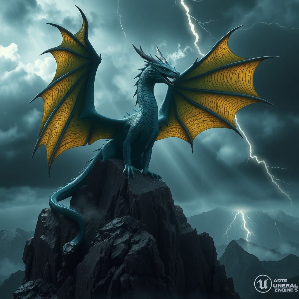 Majestic Dragon Soars on Stormy Mountain Peak in Photorealis...