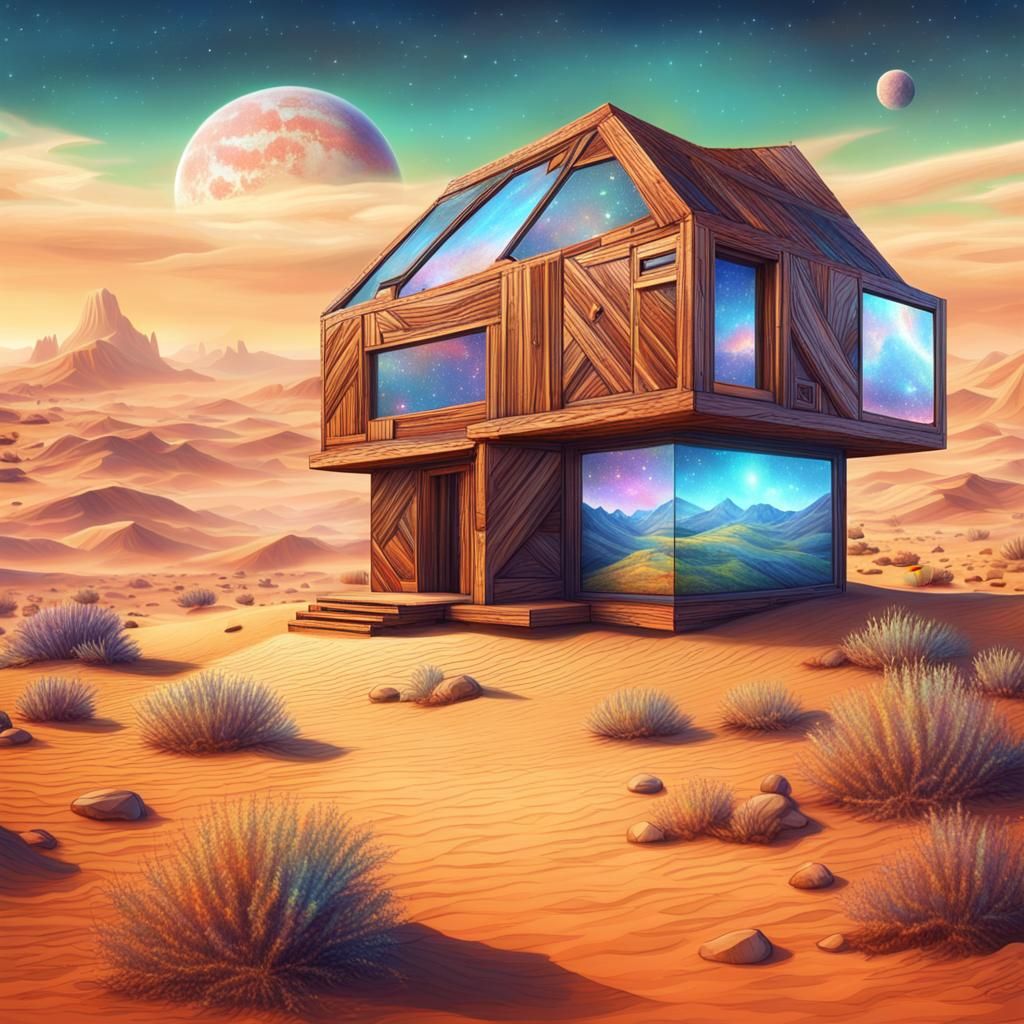 Wooden House in Desert: Holographic Astral Illustration