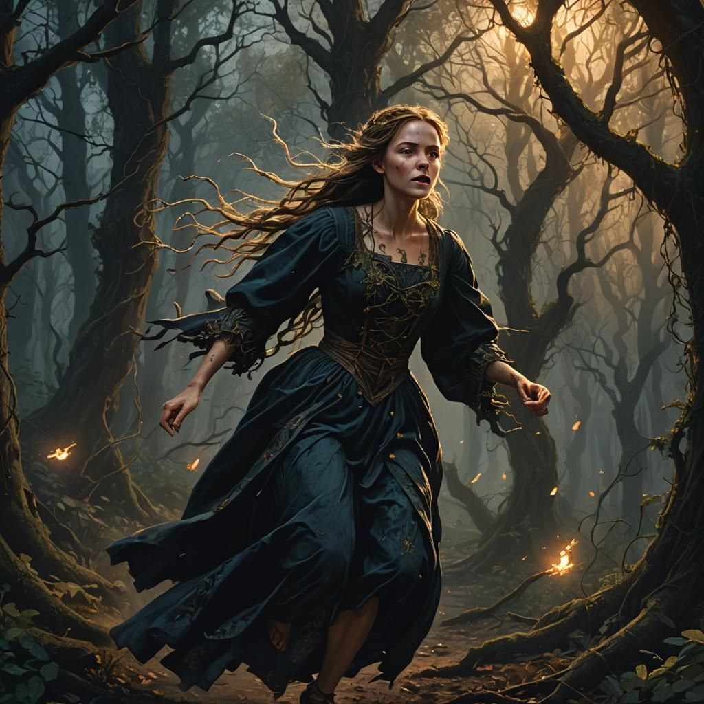 Woman Running Through Dark Forest, Greg Rutkowski Style