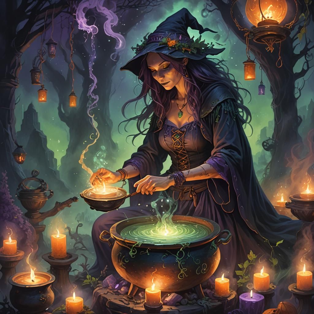 Eerie Witch Stirring Cauldron: Fantasy Concept Art
