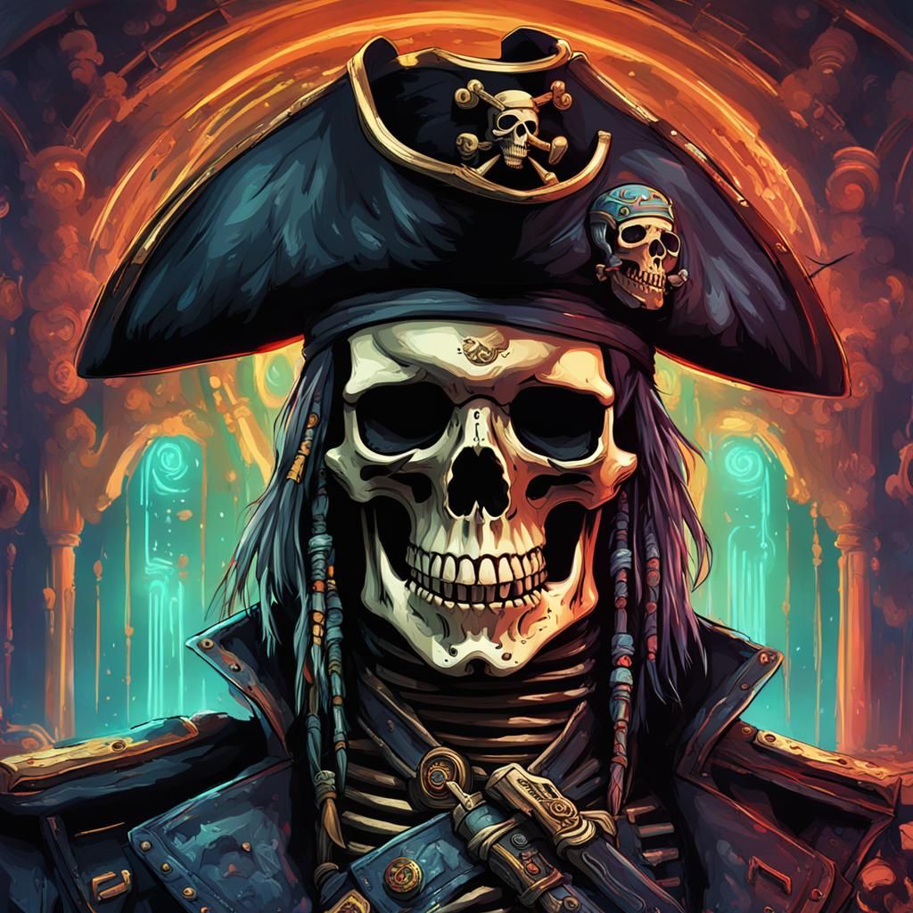 Skeleton Pirate Captain in Cyberpunk Neon Style