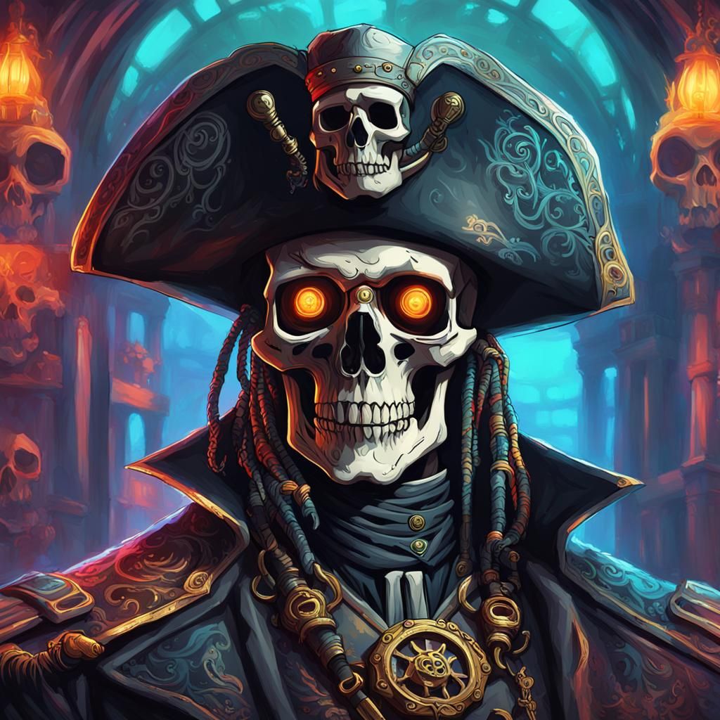 Skeleton Pirate Captain in Cyberpunk Neon Style