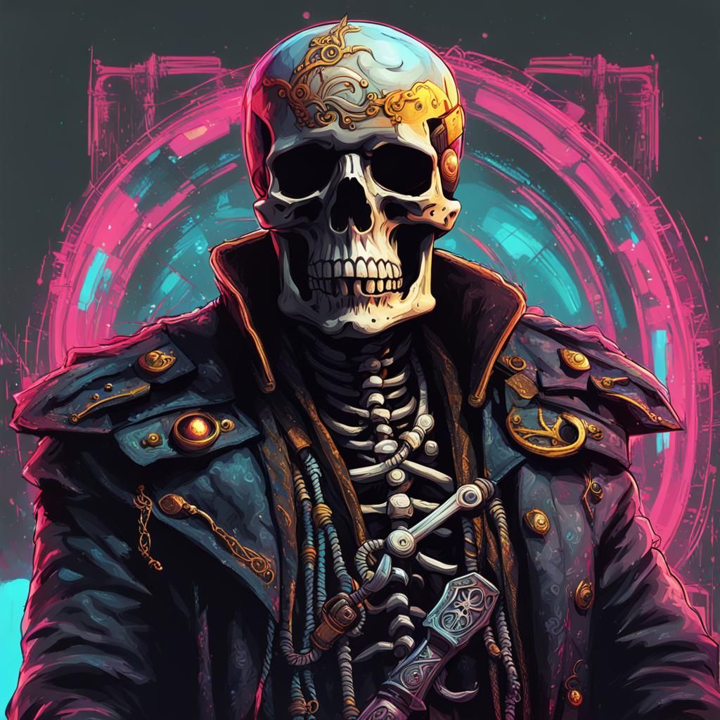 Skeleton Pirate Captain in Cyberpunk Neon Style