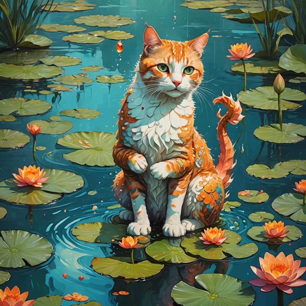 Cat and Seahorse Fantasy Art Nouveau Scene