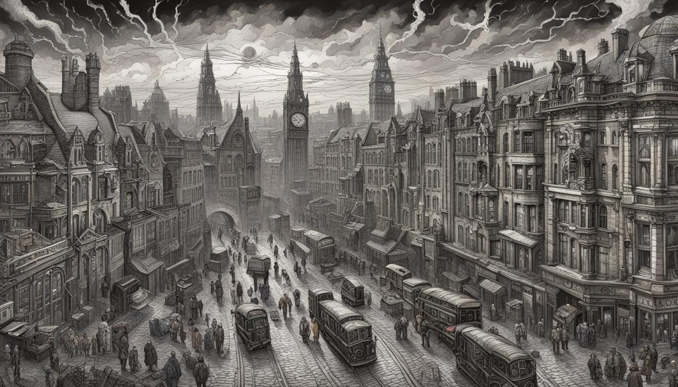 Dystopian Steampunk Glasgow City Center Nightmare