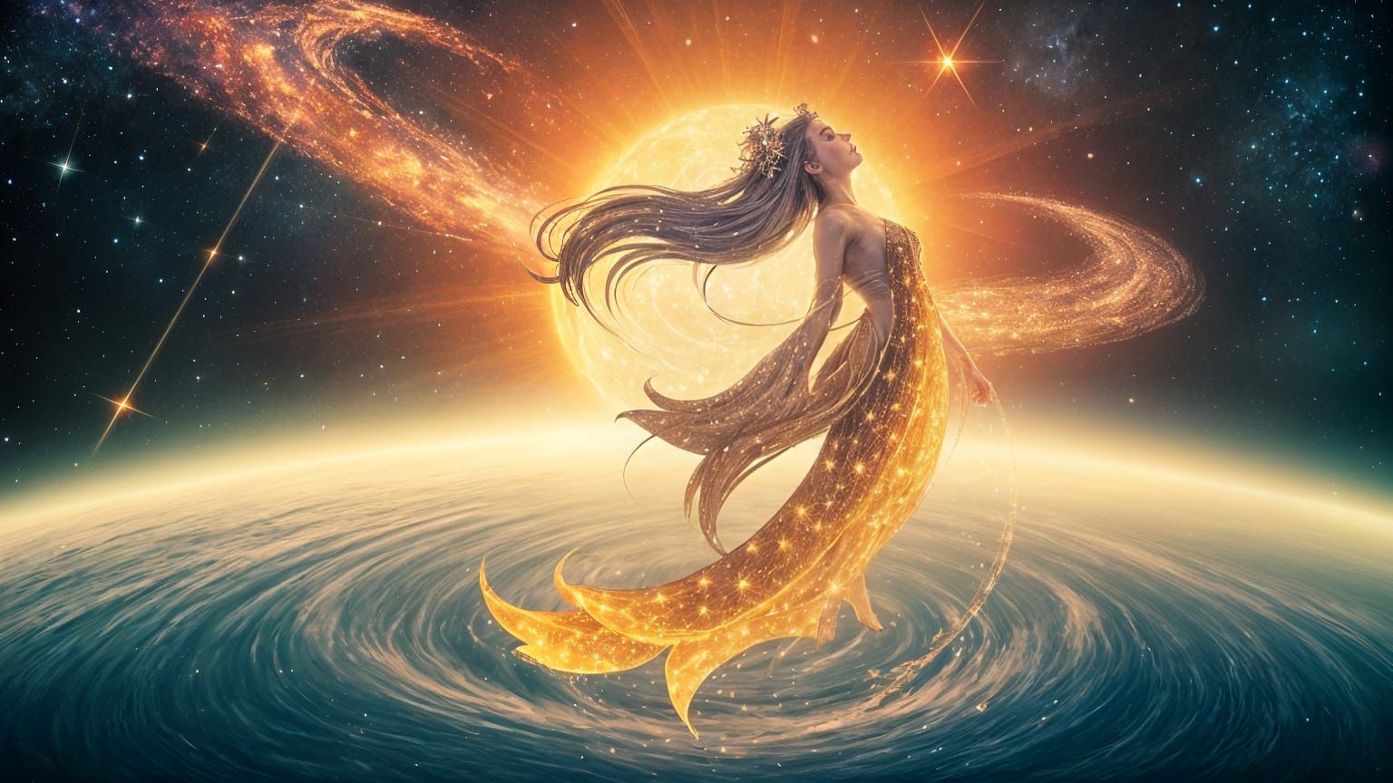 Celestial Goddess of Stars in Japanese Ink Wash Style