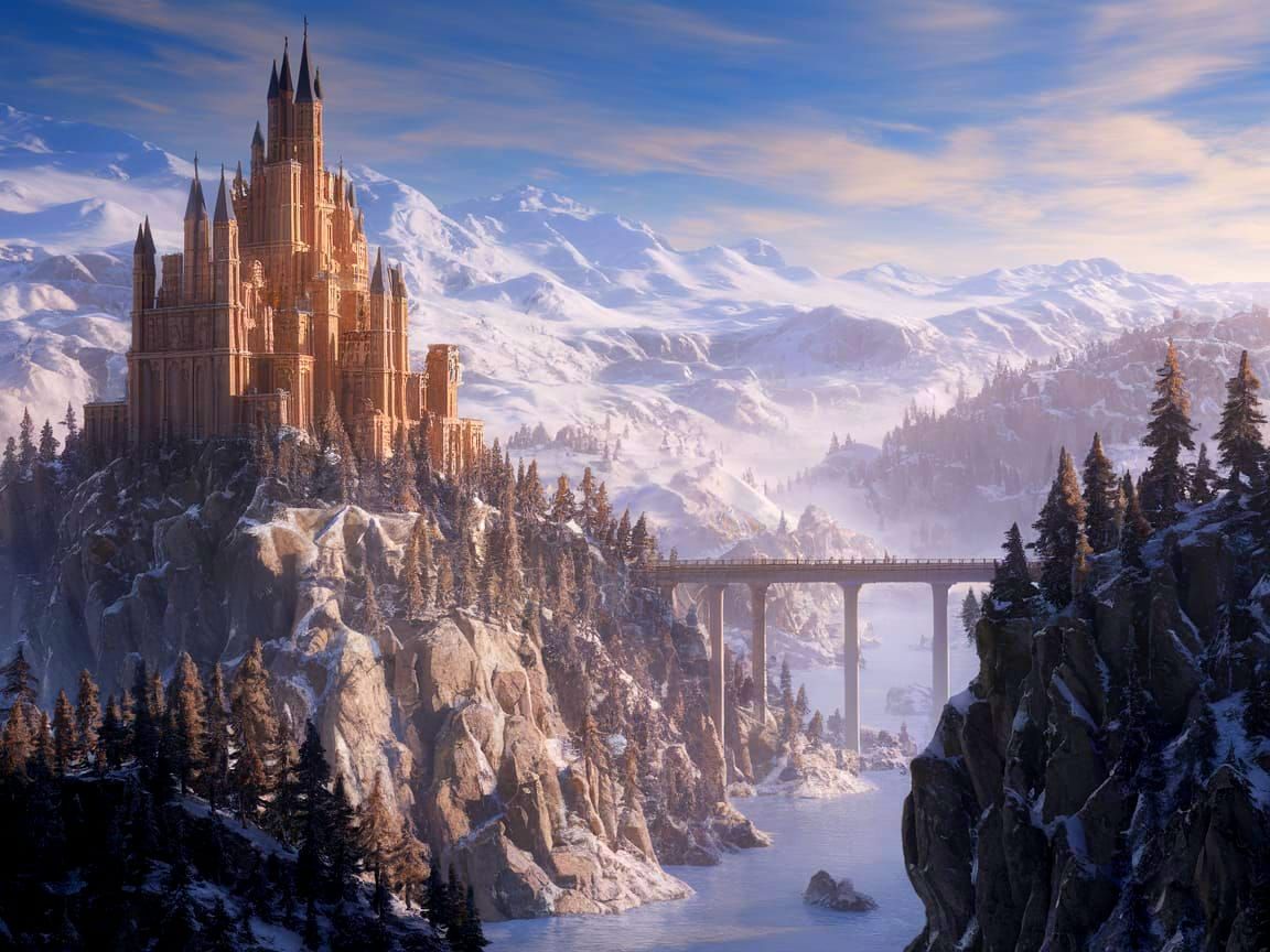Epic Fantasy Castle on Cliffside with Distant Bridge