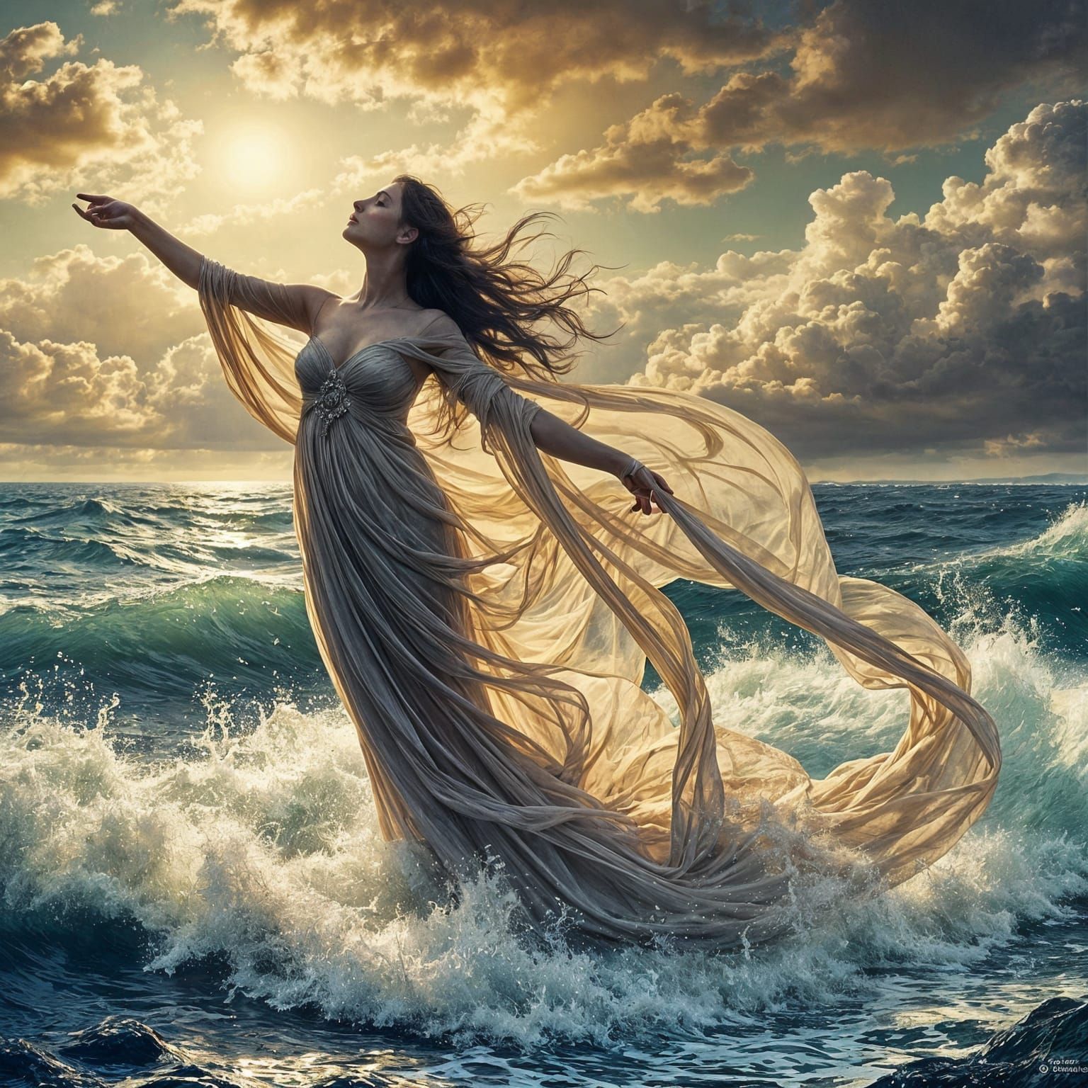 Serenely Standing Goddess in Golden Light, in the Style of G...