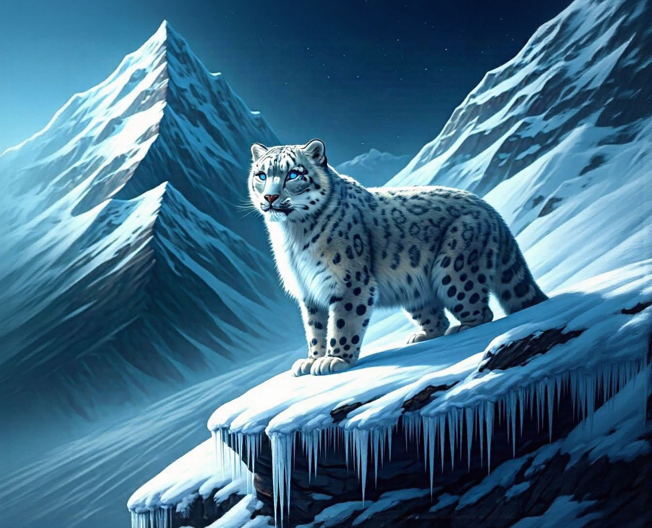 Snow Leopard Surveys Winter Domain: Hyperrealistic Art