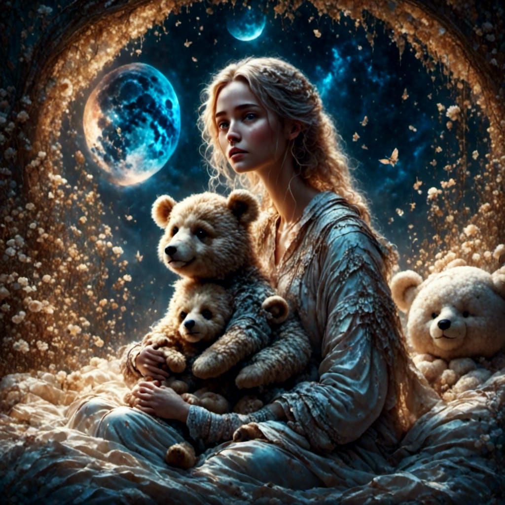 Hyperrealistic Woman Watches Stars With Teddybear