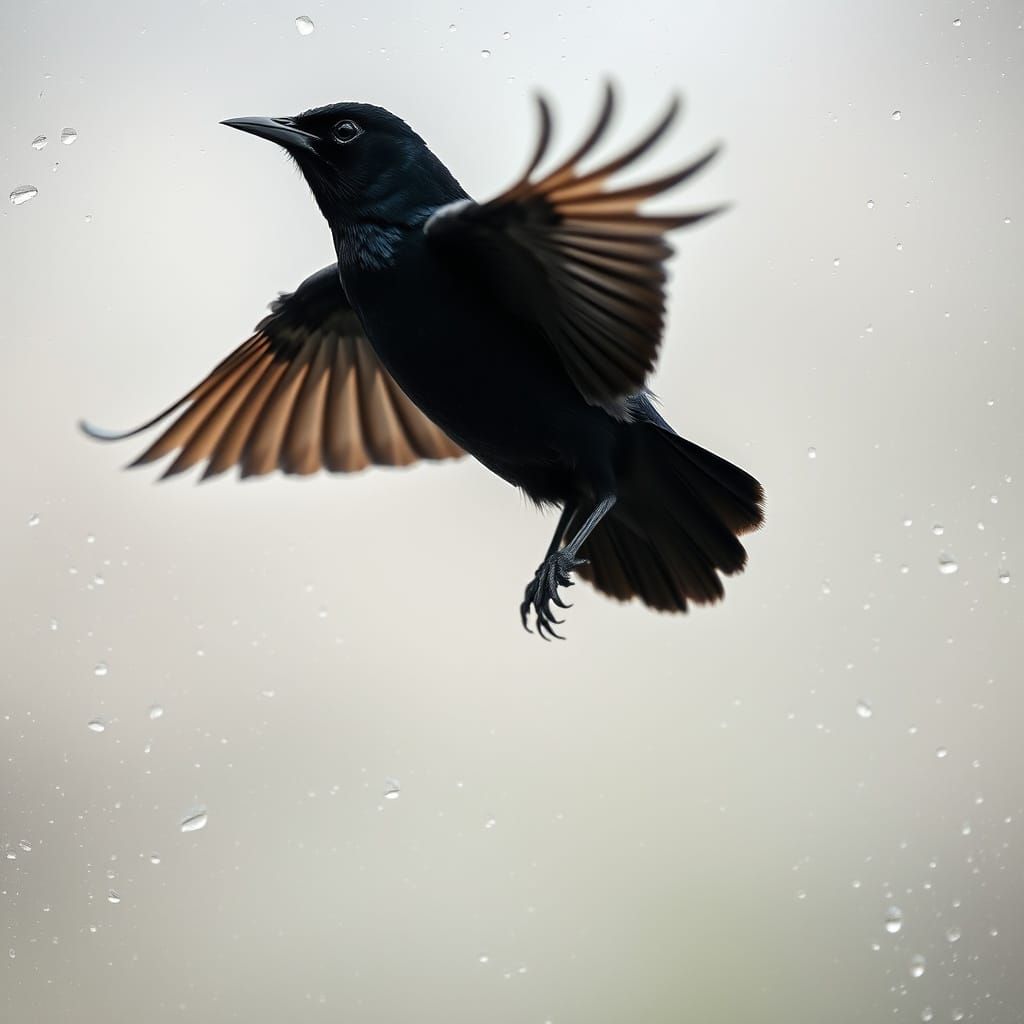 Iridescent Blackbird in Flight Against Misty Windowpane