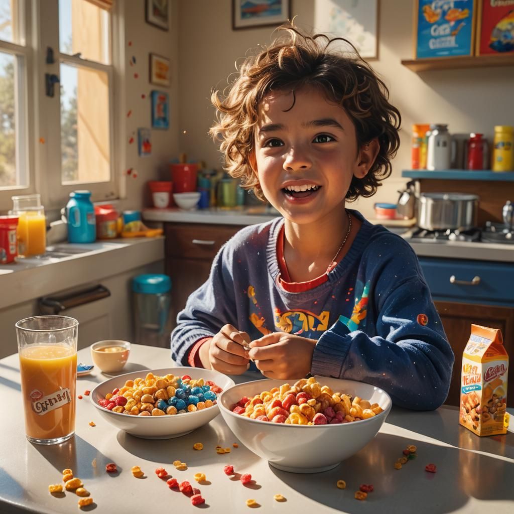 Child's Morning Cereal in Retro Kitchen: Concept Art