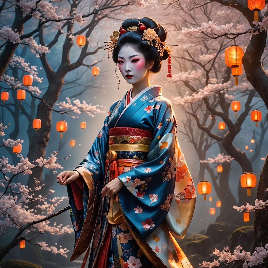 Mystical Geisha in Ethereal Forest Lighting