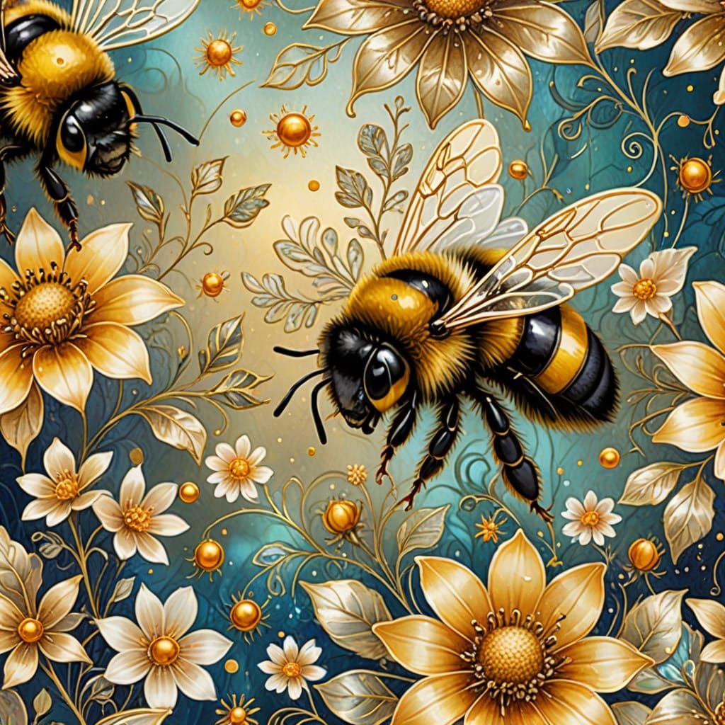 Bumblebees and Flowers in Watercolor Fantasy Art