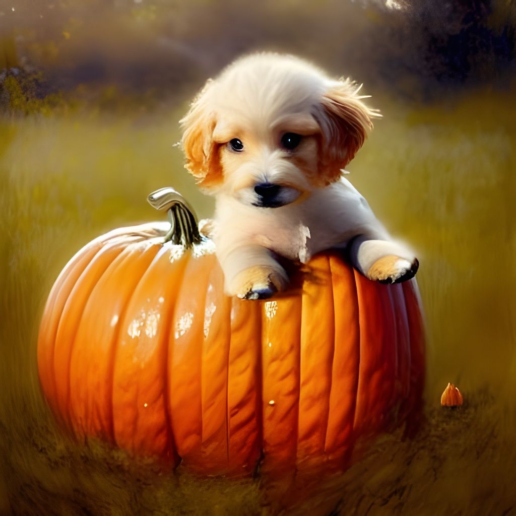 Adorable Puppy in Pumpkin Gouache-Watercolor Painting