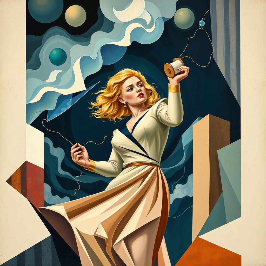 Elegant Blonde in Cubist Storm with Geometric Shapes