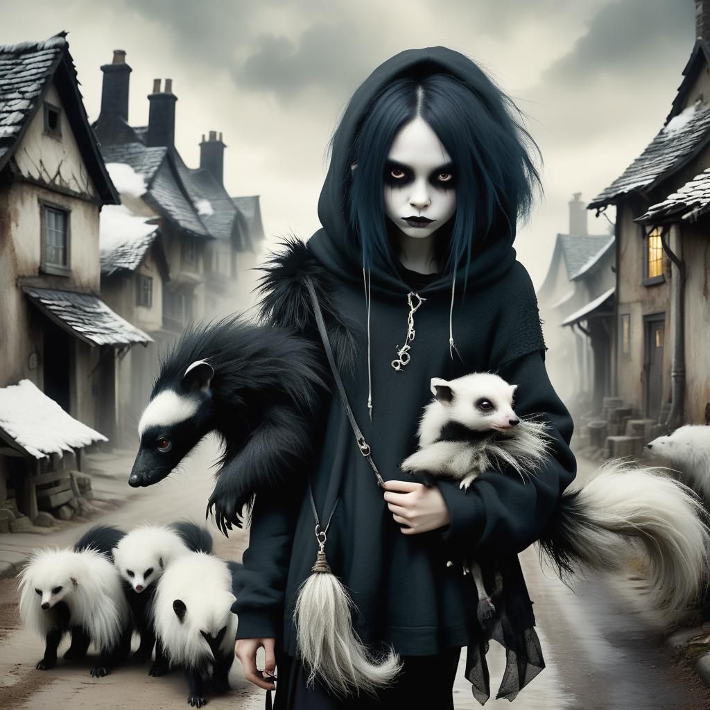 Goth Girl with Skunks in Pixar Style