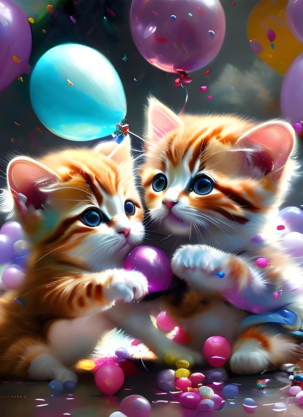 Kittens surrounded by balloons